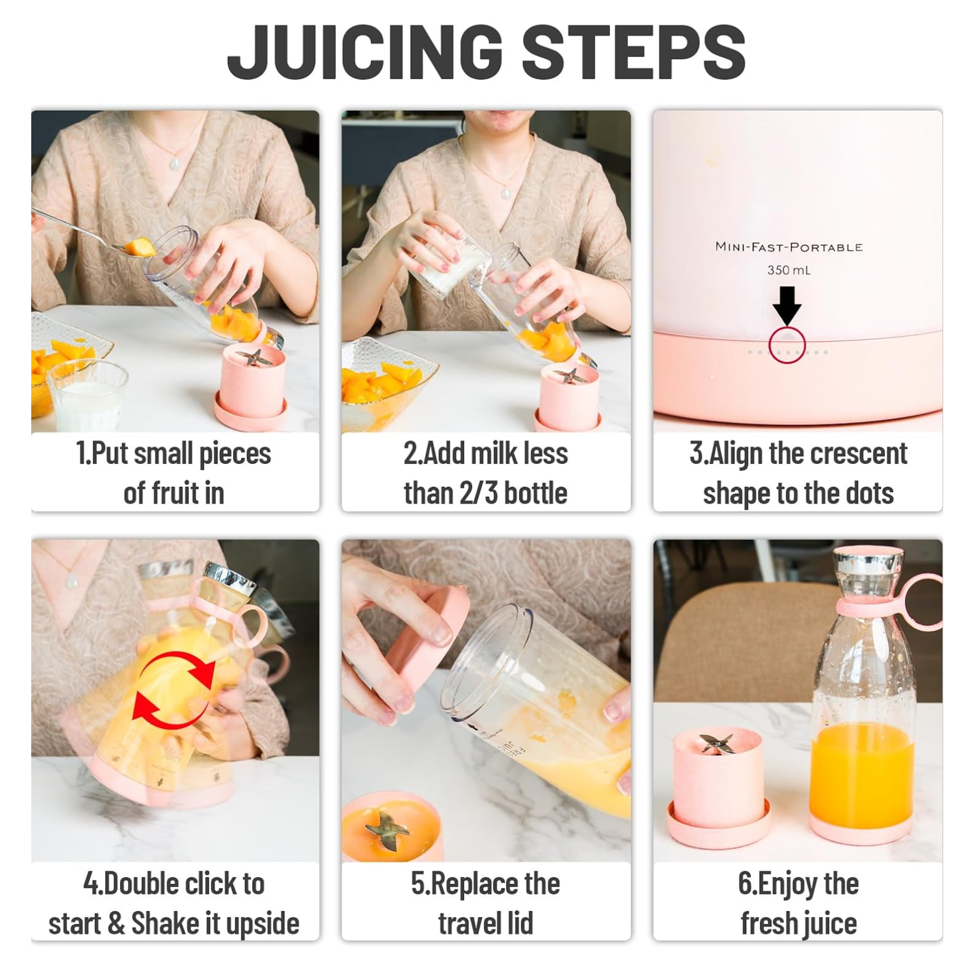 BeautyByOla – Mini Juice Blender, Portable Electric Juicer Bottle, 6 Blades USB Rechargeable Fruit Mixer