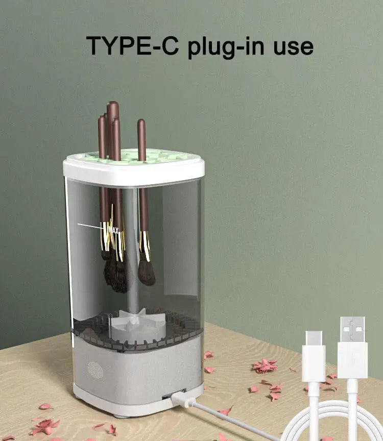 Ultrasonic Automatic USB Cleaner for Makeup Brushes & Glasses in use with Type-C plug, showing brushes inside.