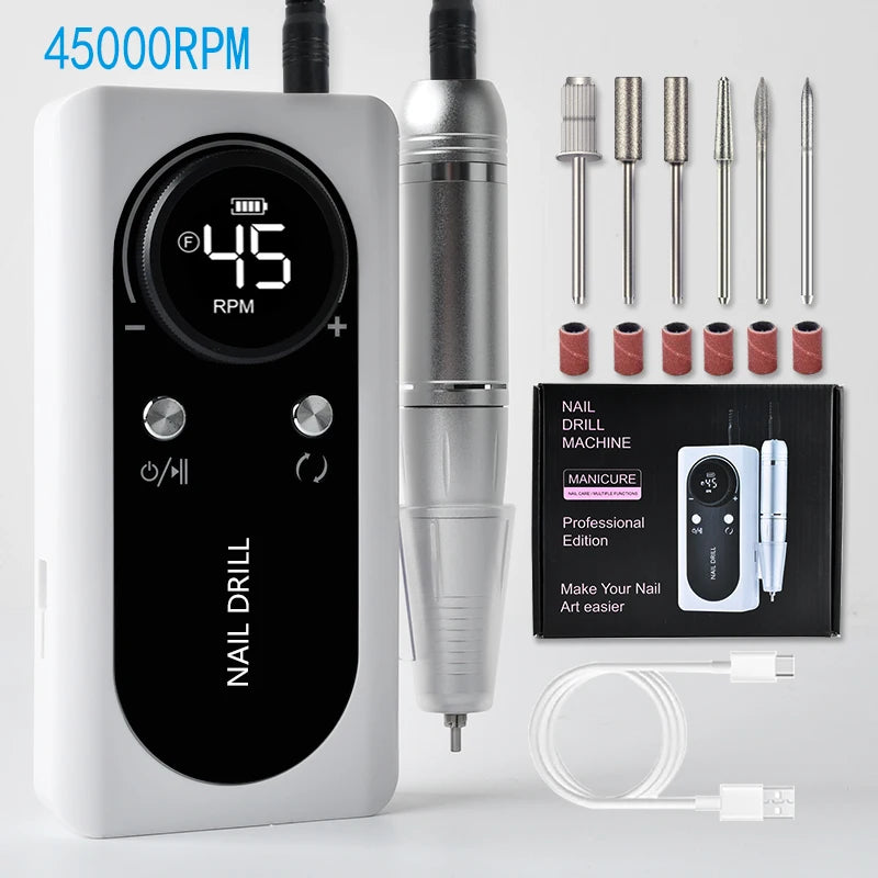 BeautyByOla – 45000 RPM Rechargeable Electric Nail Drill Machine, Portable Nail File Kit with Drill Bits for Manicure & Pedicure
