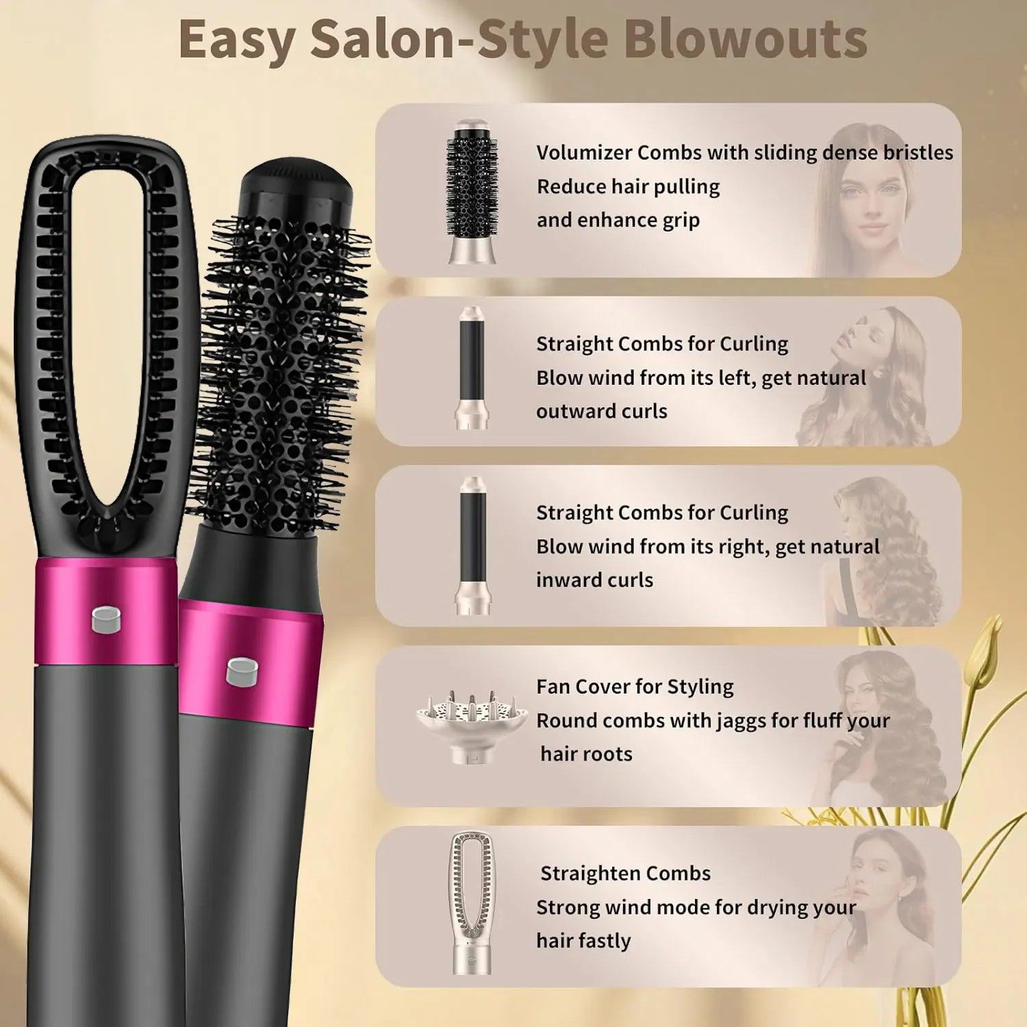 BeautyByOla – 5-in-1 Hair Dryer & Styling Set, Multi-Function Hair Straightener, Curling Iron & Hot Air Brush