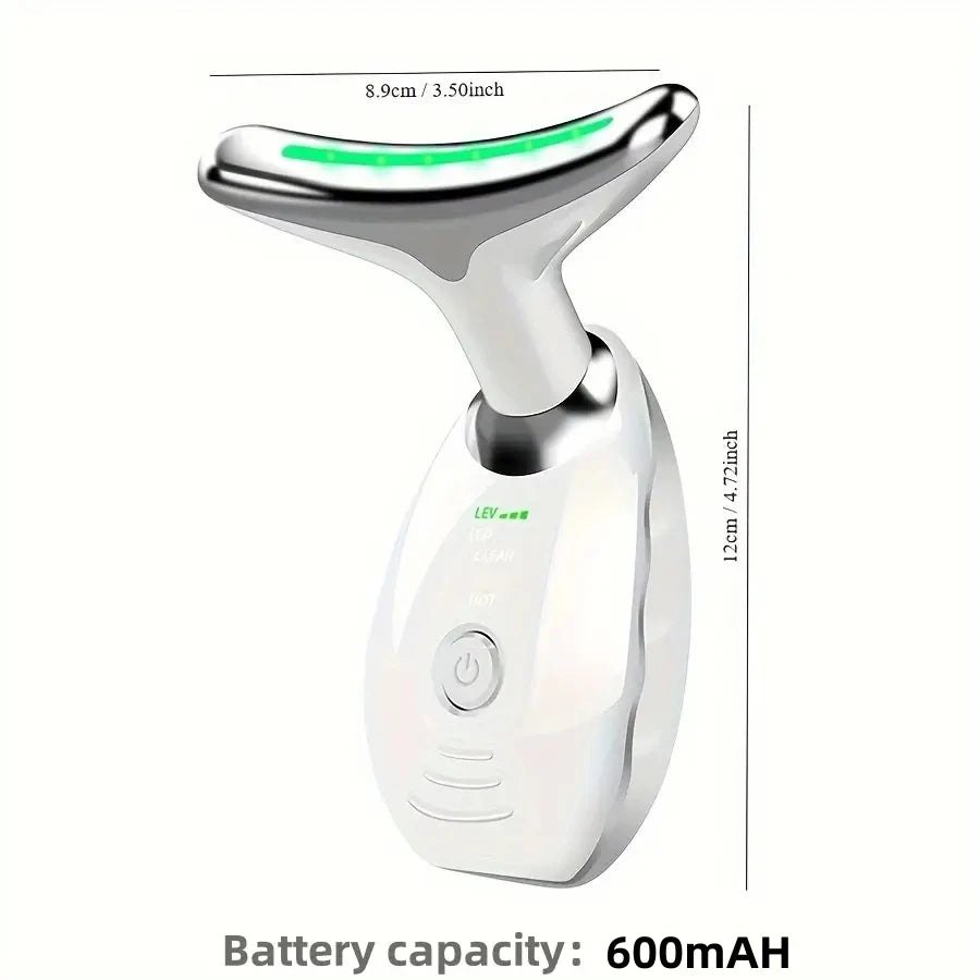 7-LED neck and face massager for face massage with USB charger and FCC certification, featuring a rechargeable battery.