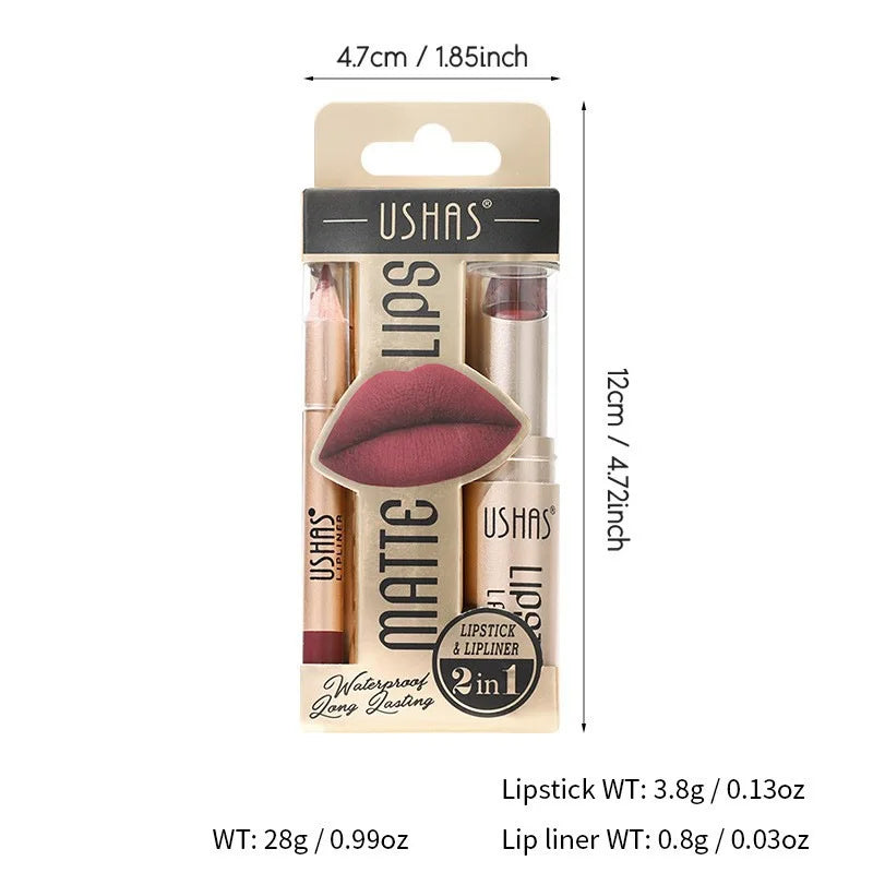 BeautyByOla – USHAS 12-Color Lip Liner & Lipstick Set, Matte, Long-Lasting Nude & Red Shades