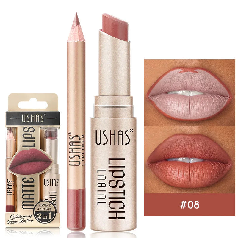 BeautyByOla – USHAS 12-Color Lip Liner & Lipstick Set, Matte, Long-Lasting Nude & Red Shades