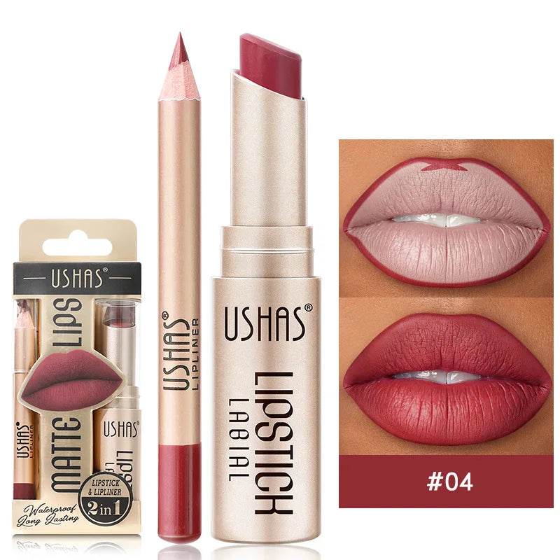 BeautyByOla – USHAS 12-Color Lip Liner & Lipstick Set, Matte, Long-Lasting Nude & Red Shades