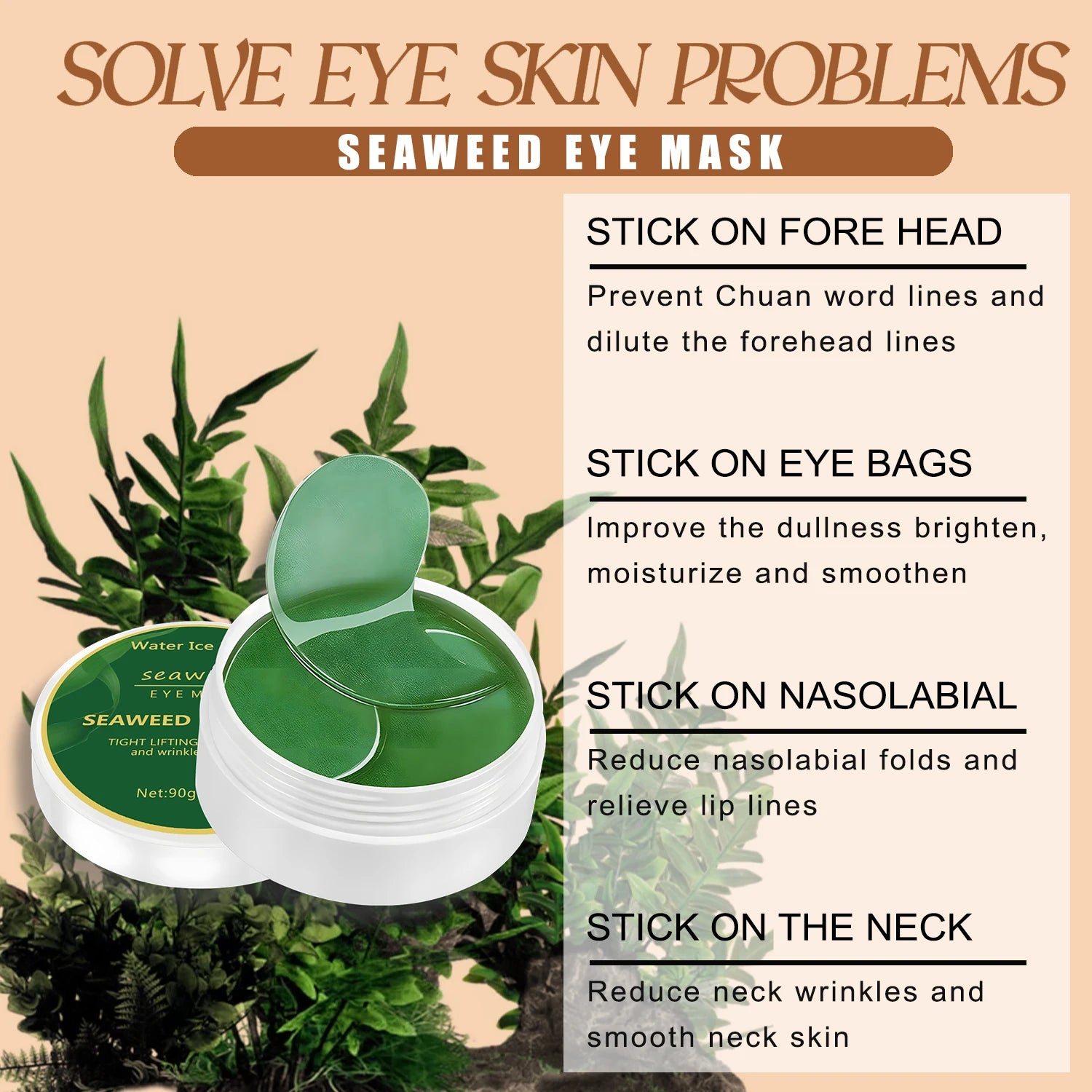 BeautyByOla – 60pcs Seaweed Hyaluronic Acid Eye Mask, Collagen Eye Patches for Dark Circles & Facial Care