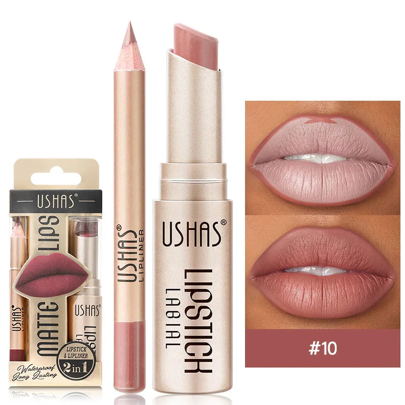 BeautyByOla – USHAS 12-Color Lip Liner & Lipstick Set, Matte, Long-Lasting Nude & Red Shades