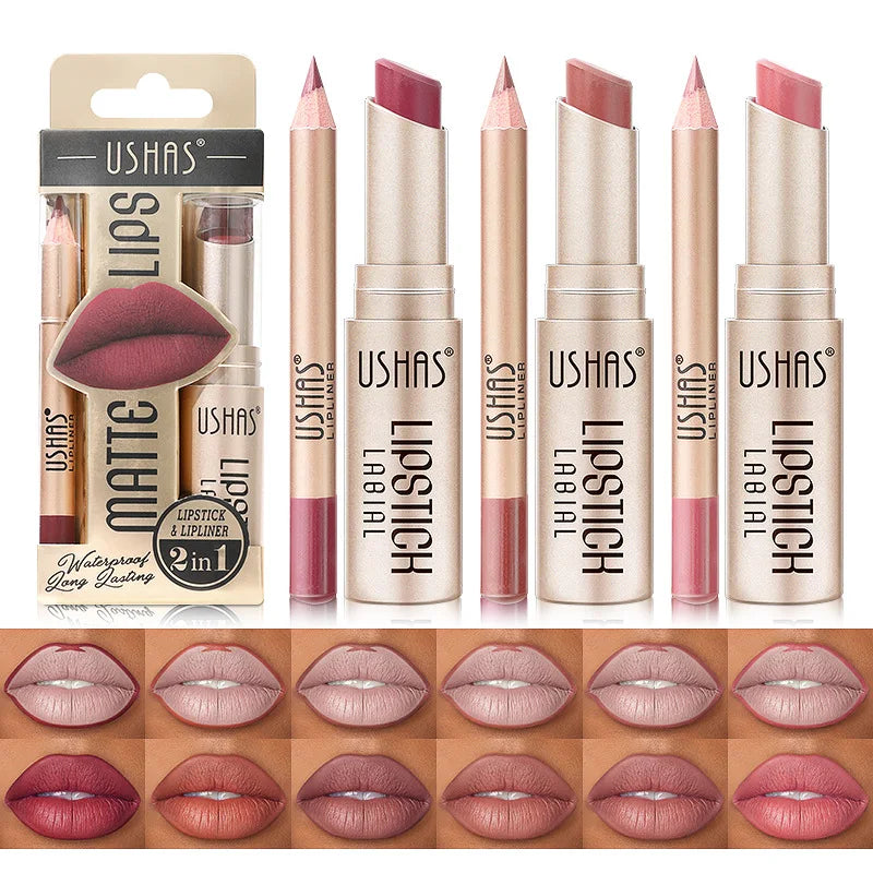 BeautyByOla – USHAS 12-Color Lip Liner & Lipstick Set, Matte, Long-Lasting Nude & Red Shades