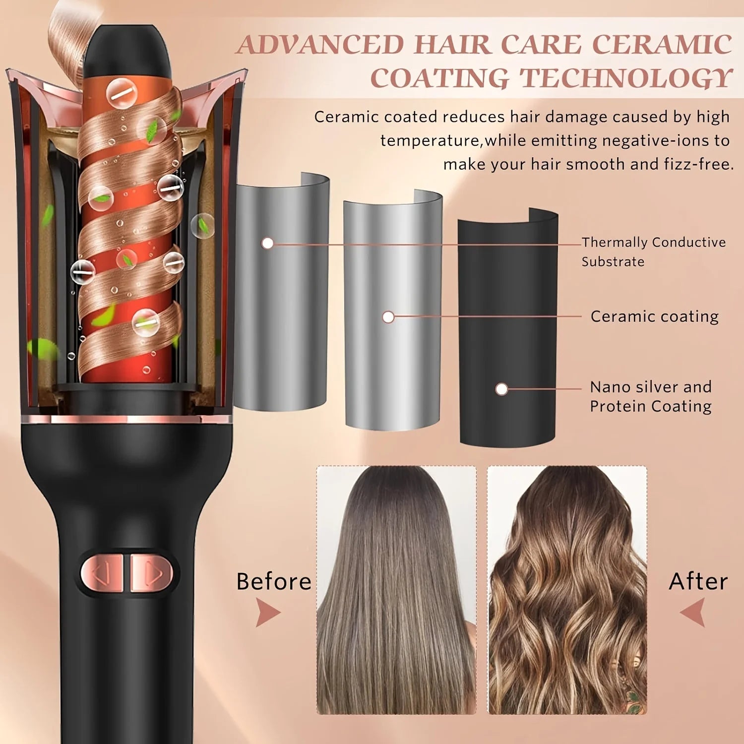 BeautyByOla – Automatic Hair Curler, Ceramic Rotating Air Spin Wand Styler for Effortless Curls