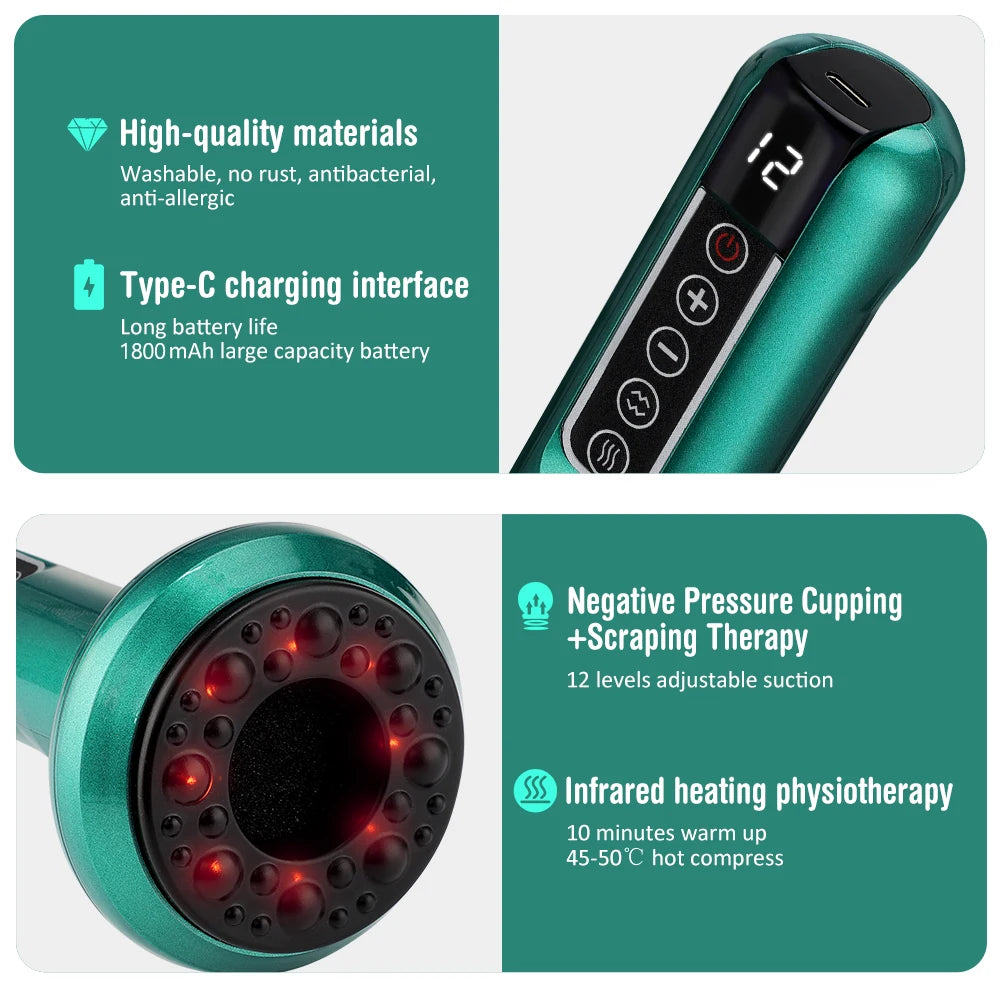 BeautyByOla – Intelligent Cupping Massager, 12/6 Levels Negative Pressure with Infrared Heating & Wireless Scraping Therapy Device