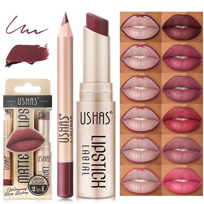 BeautyByOla – USHAS 12-Color Lip Liner & Lipstick Set, Matte, Long-Lasting Nude & Red Shades