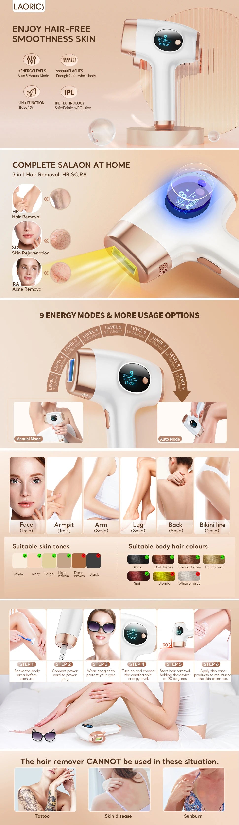 BeautyByOla – 3-in-1 IPL Hair Removal Device, Auto & Manual Modes, Full Body Painless Permanent Hair Removal