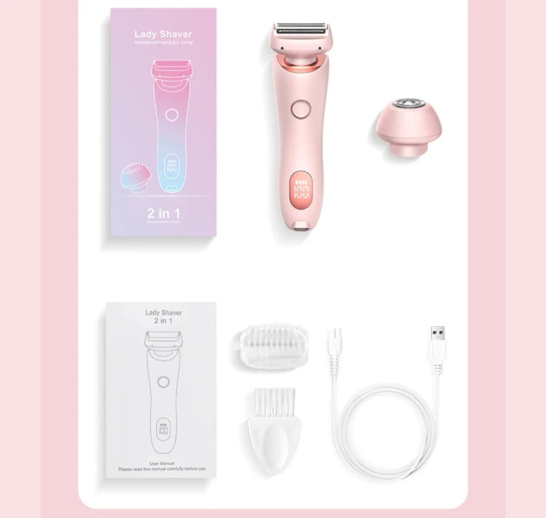 BeautyByOla – Electric Razor 2-in-1 for Women, Bikini & Face Trimmer, Hair Removal for Legs, Underarms & Body, IPX7 Waterproof