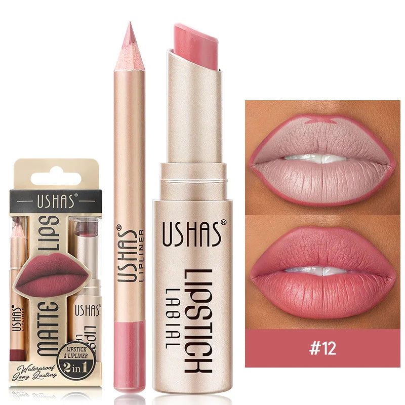 BeautyByOla – USHAS 12-Color Lip Liner & Lipstick Set, Matte, Long-Lasting Nude & Red Shades