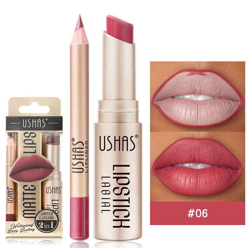 BeautyByOla – USHAS 12-Color Lip Liner & Lipstick Set, Matte, Long-Lasting Nude & Red Shades