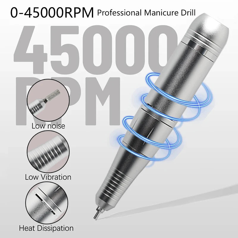 BeautyByOla – 45000 RPM Rechargeable Electric Nail Drill Machine, Portable Nail File Kit with Drill Bits for Manicure & Pedicure
