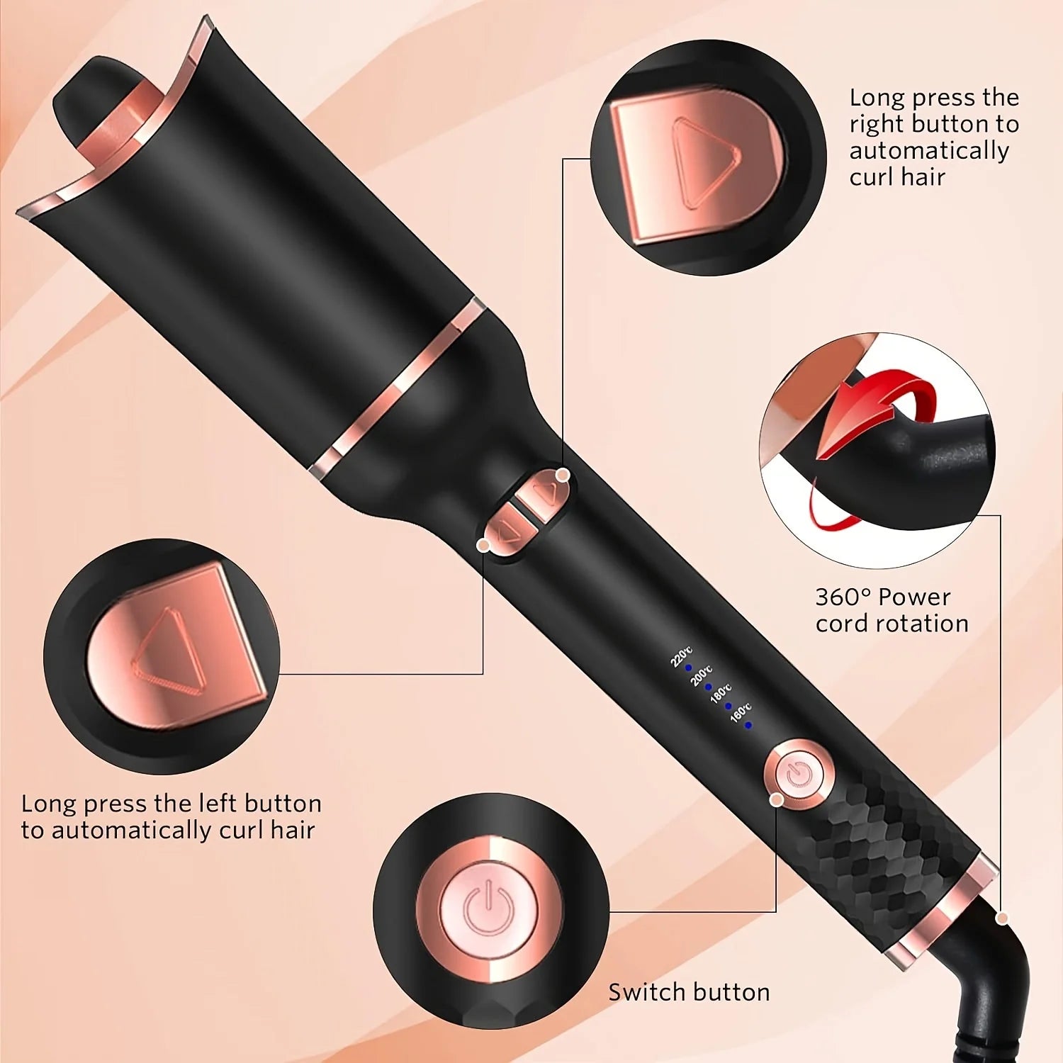 BeautyByOla – Automatic Hair Curler, Ceramic Rotating Air Spin Wand Styler for Effortless Curls