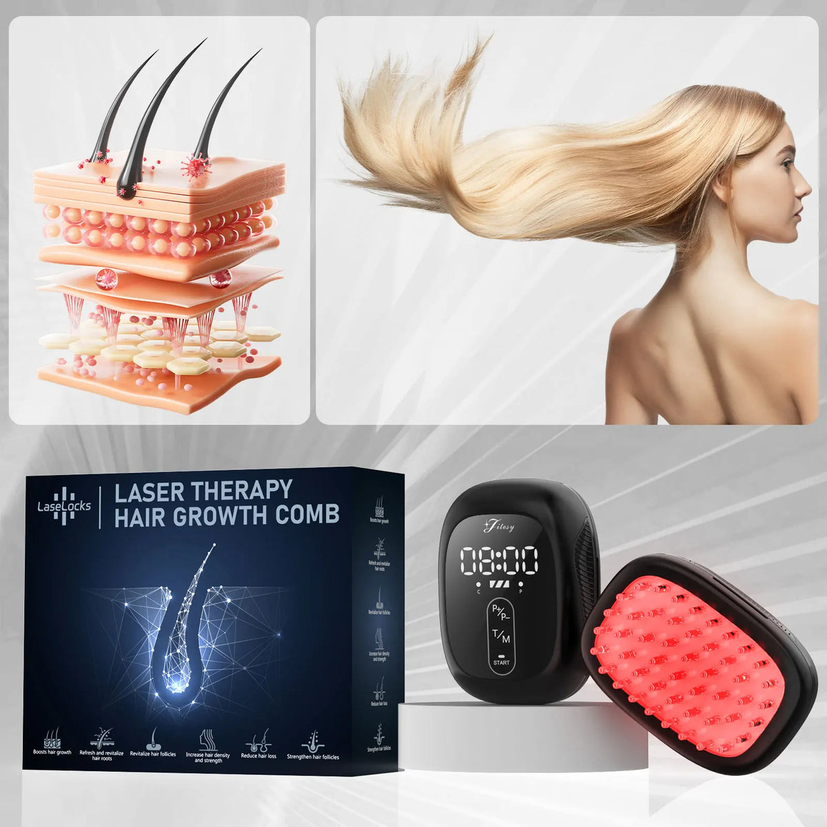 BeautyByOla – Wireless Hair Growth Device LLLT, 8PCS 660nm Diodes, Anti-Hair Loss Therapy Comb & Scalp Massager 1900mAh