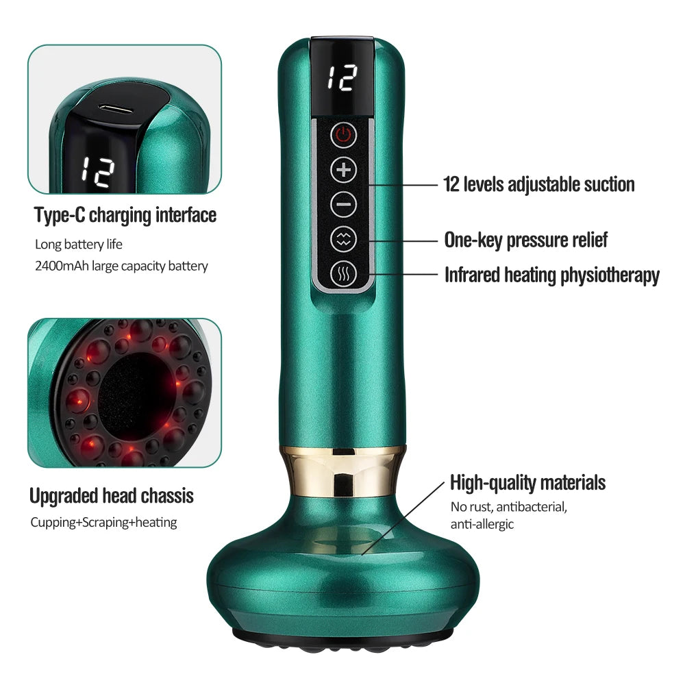 BeautyByOla – Intelligent Cupping Massager, 12/6 Levels Negative Pressure with Infrared Heating & Wireless Scraping Therapy Device