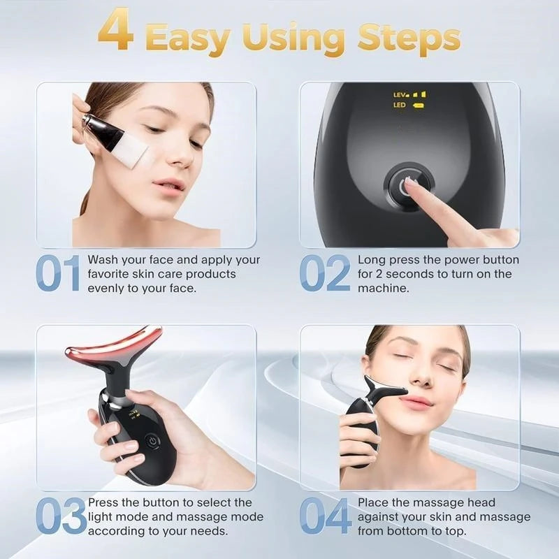 4 easy steps for face massage using the 7-LED Neck & Face Massager for effective skin therapy.