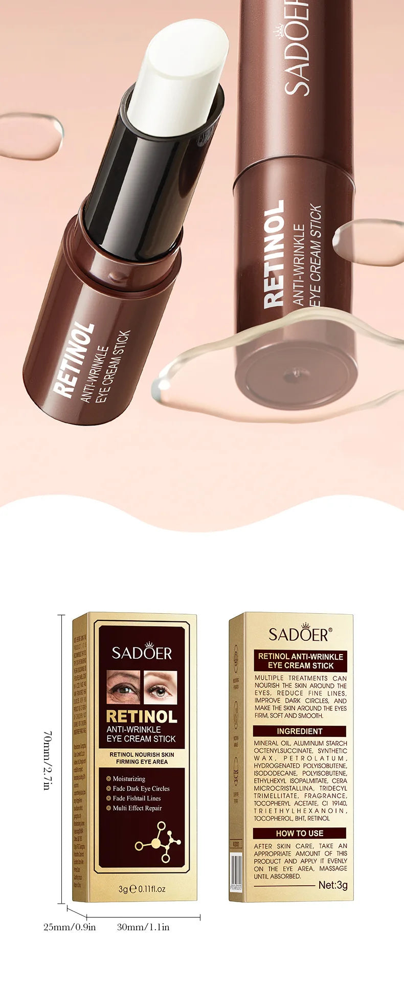 BeautyByOla – SADOER Retinol Eye Cream Stick, Anti-Dark Circles, Moisturizing & Firming Eye Care