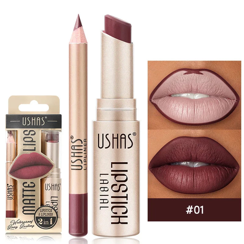 BeautyByOla – USHAS 12-Color Lip Liner & Lipstick Set, Matte, Long-Lasting Nude & Red Shades