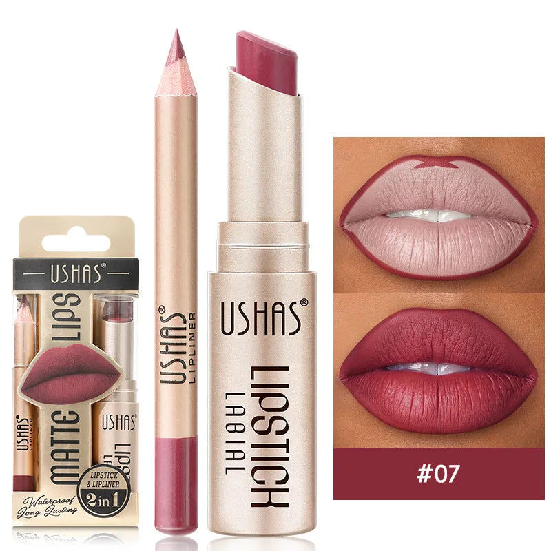 BeautyByOla – USHAS 12-Color Lip Liner & Lipstick Set, Matte, Long-Lasting Nude & Red Shades