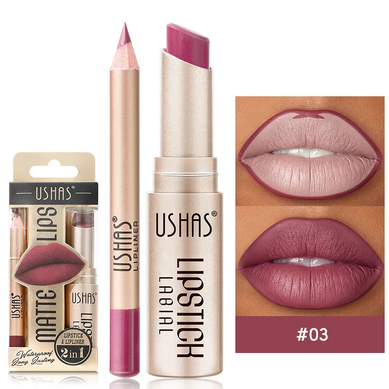 BeautyByOla – USHAS 12-Color Lip Liner & Lipstick Set, Matte, Long-Lasting Nude & Red Shades
