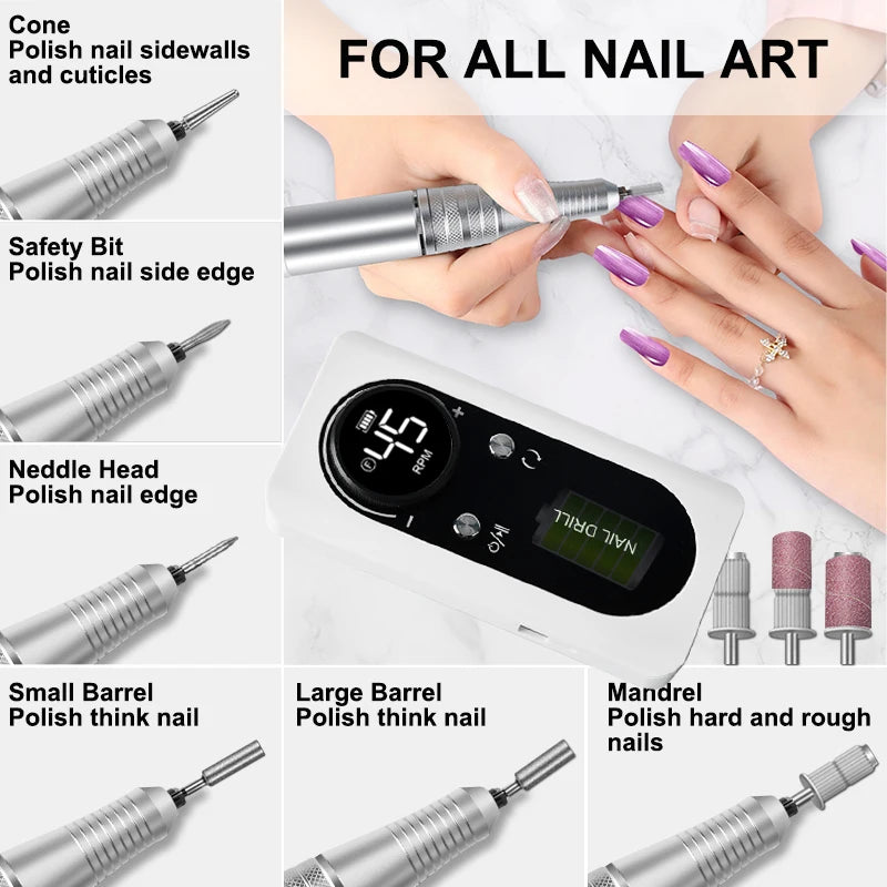 BeautyByOla – 45000 RPM Rechargeable Electric Nail Drill Machine, Portable Nail File Kit with Drill Bits for Manicure & Pedicure
