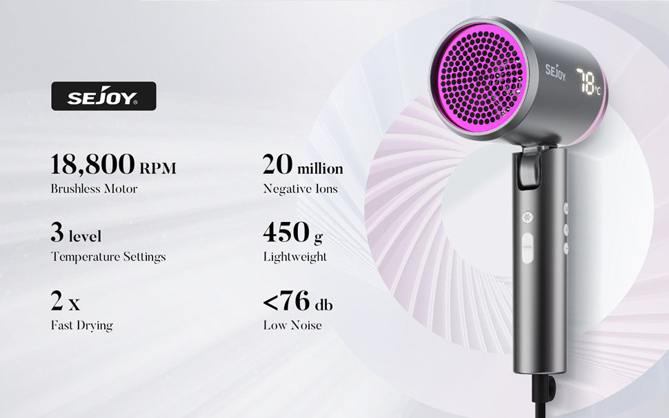 BeautyByOla – Sejoy Professional Ionic Hair Dryer, Negative Ion Technology with Adjustable Temperature & Wind Speed